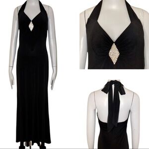 Vintage GUNNE SAX JESSICA MCCLINTOCK Maxi Dress Halter Jersey Black Formal